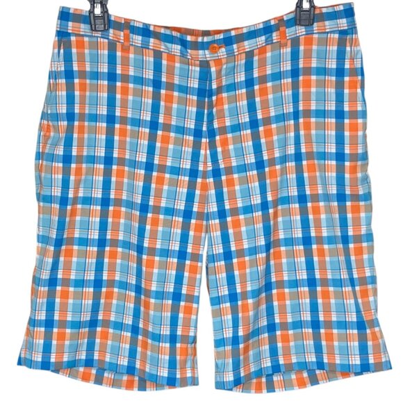 Slazenger Men's 38 Orange Blue Vibrant Plaid Check Golf Flat Front Shorts - Picture 1 of 5